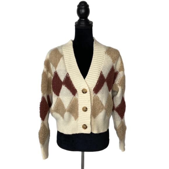 Light Academia Crop Argyle Sweater Cardigan NWT - Women's Size S - Picture 1 of 4